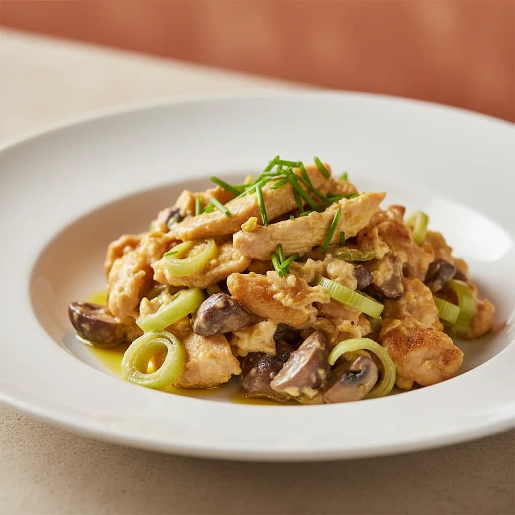 Revuelto de Contramuslos de Pollo con Puerro y Champiñones