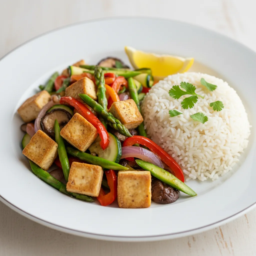 Tofu Salteado con Verduras y Arroz Basmati