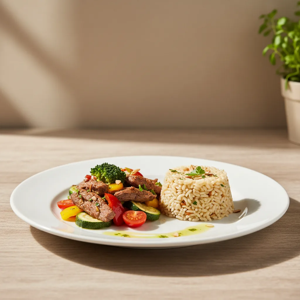 Picada de Vacuno con Verduras y Arroz Integral
