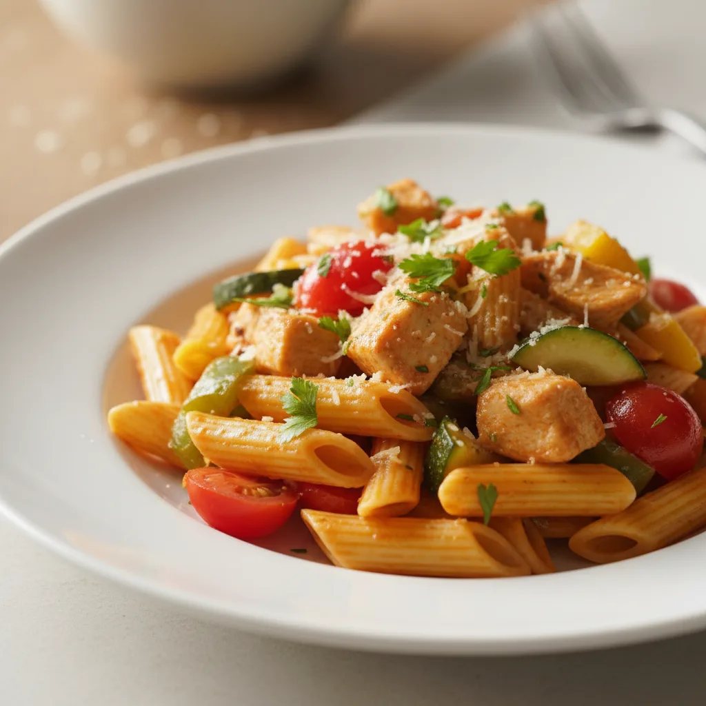Pasta Penne con Pollo y Verduras