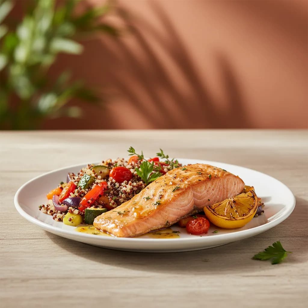 Salmón al Horno con Quinoa y Verduras Mediterráneas