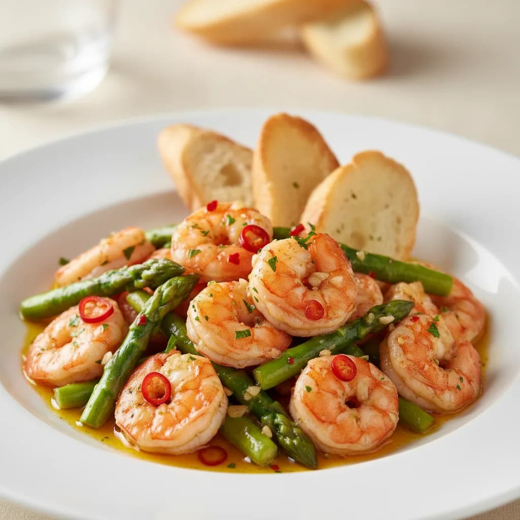 Gambas al Ajillo con Espárragos Verdes