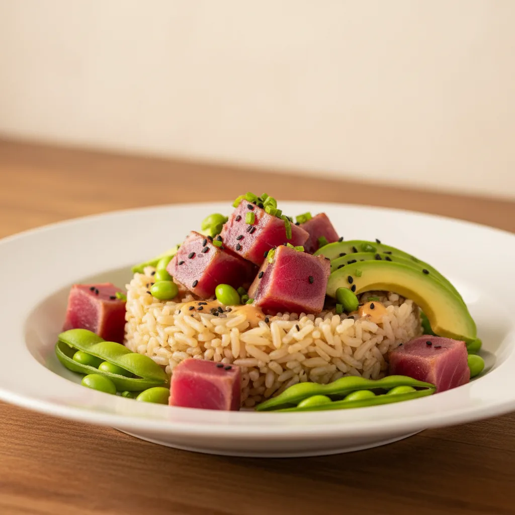 Bowl de Atún con Arroz Integral, Edamame y Aguacate