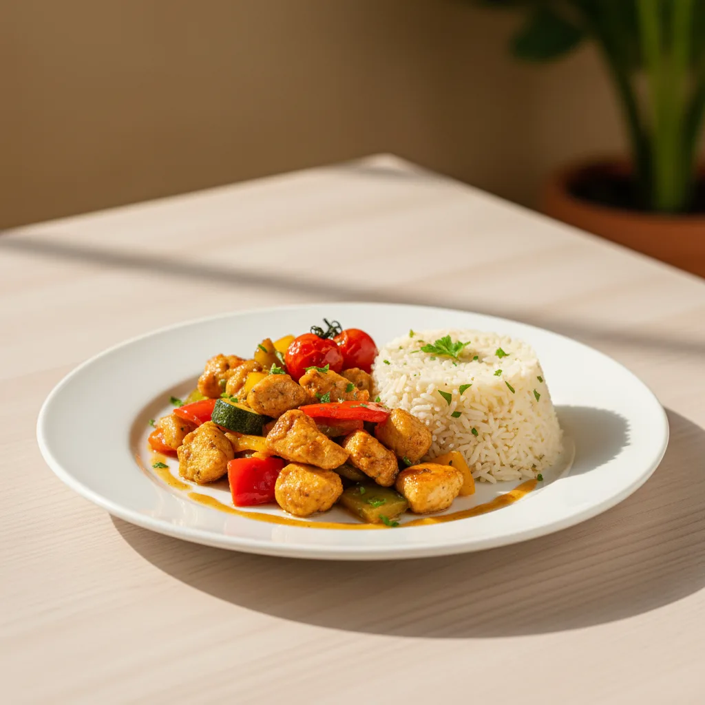 Salteado de Pavo con Arroz Basmati y Verduras