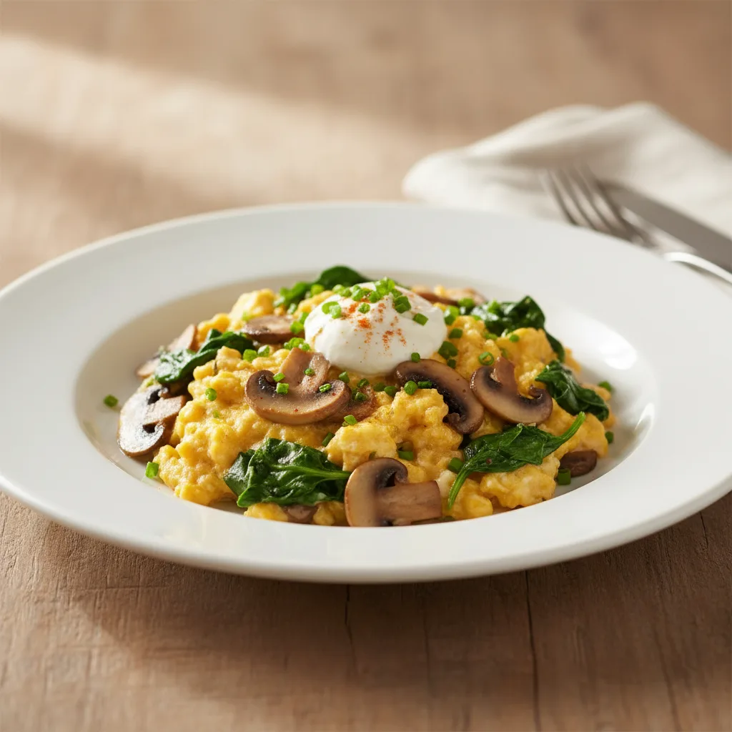 Huevos Revueltos Cremosos con Champiñones y Espinacas