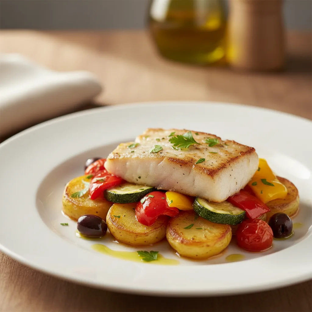 Cazuela de Merluza con Patatas y Verduras Mediterráneas