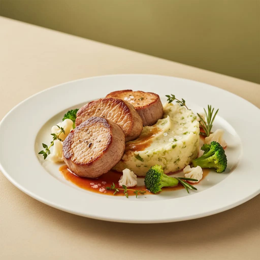 Solomillo de Cerdo con Puré Cremoso de Coliflor y Brócoli