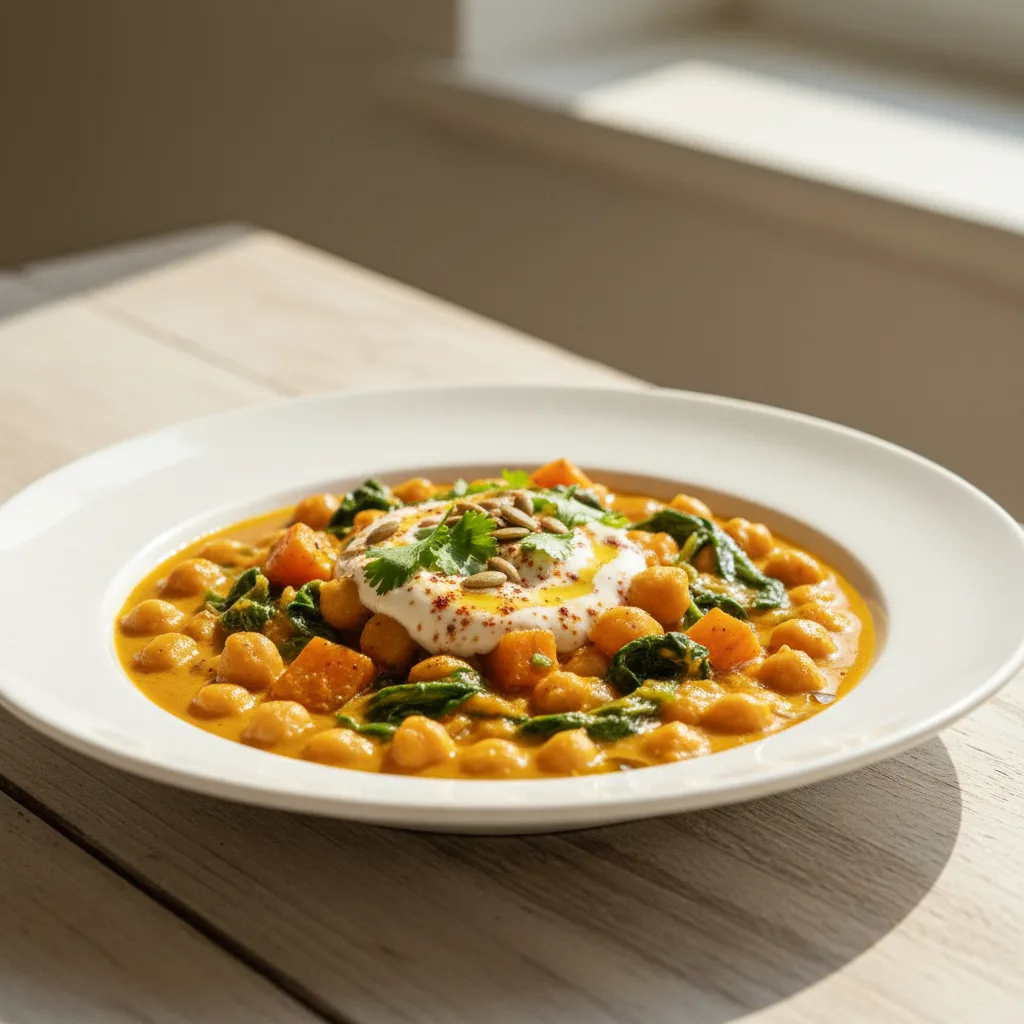 Curry de Garbanzos Cremoso con Calabaza y Espinacas