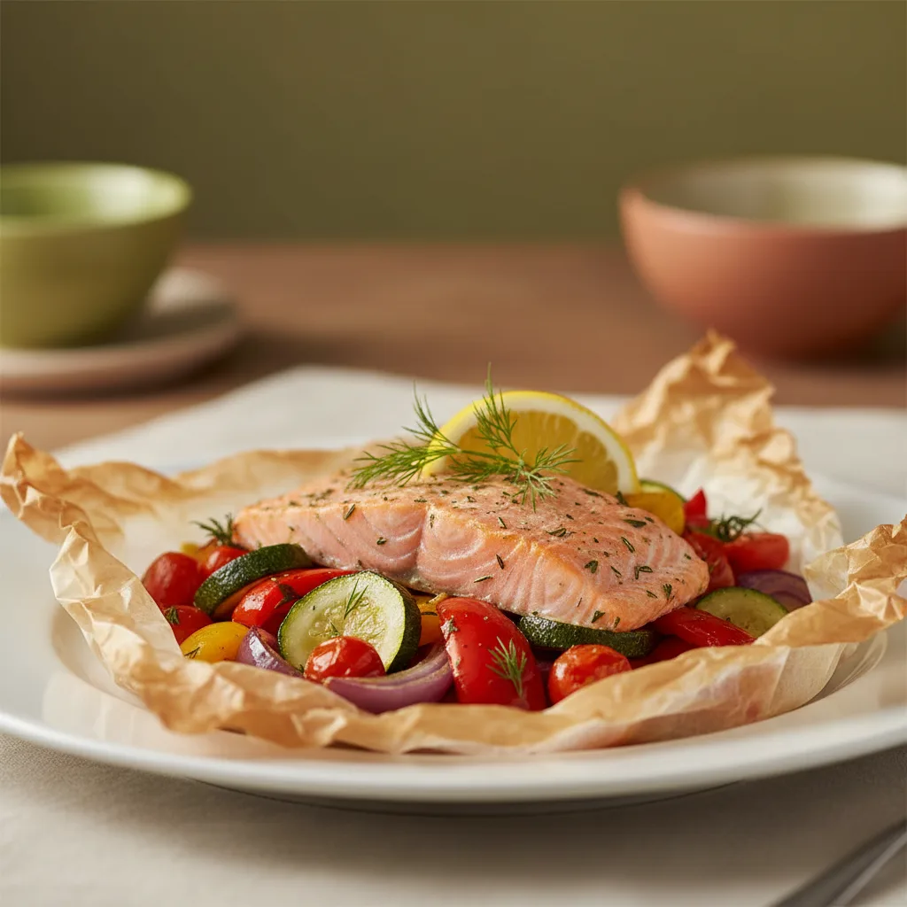 Salmón al Papillote con Verduras Mediterráneas