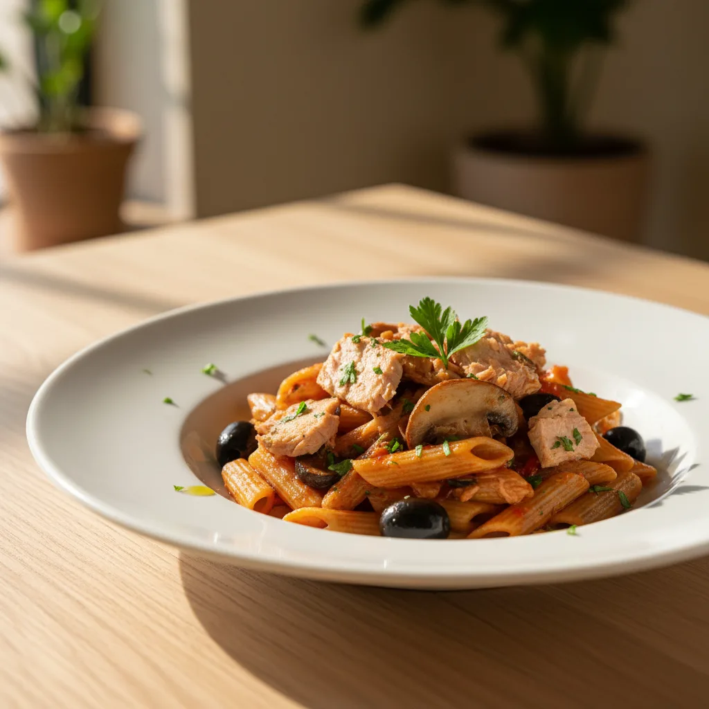 Penne Integral con Atún, Champiñones y Aceitunas