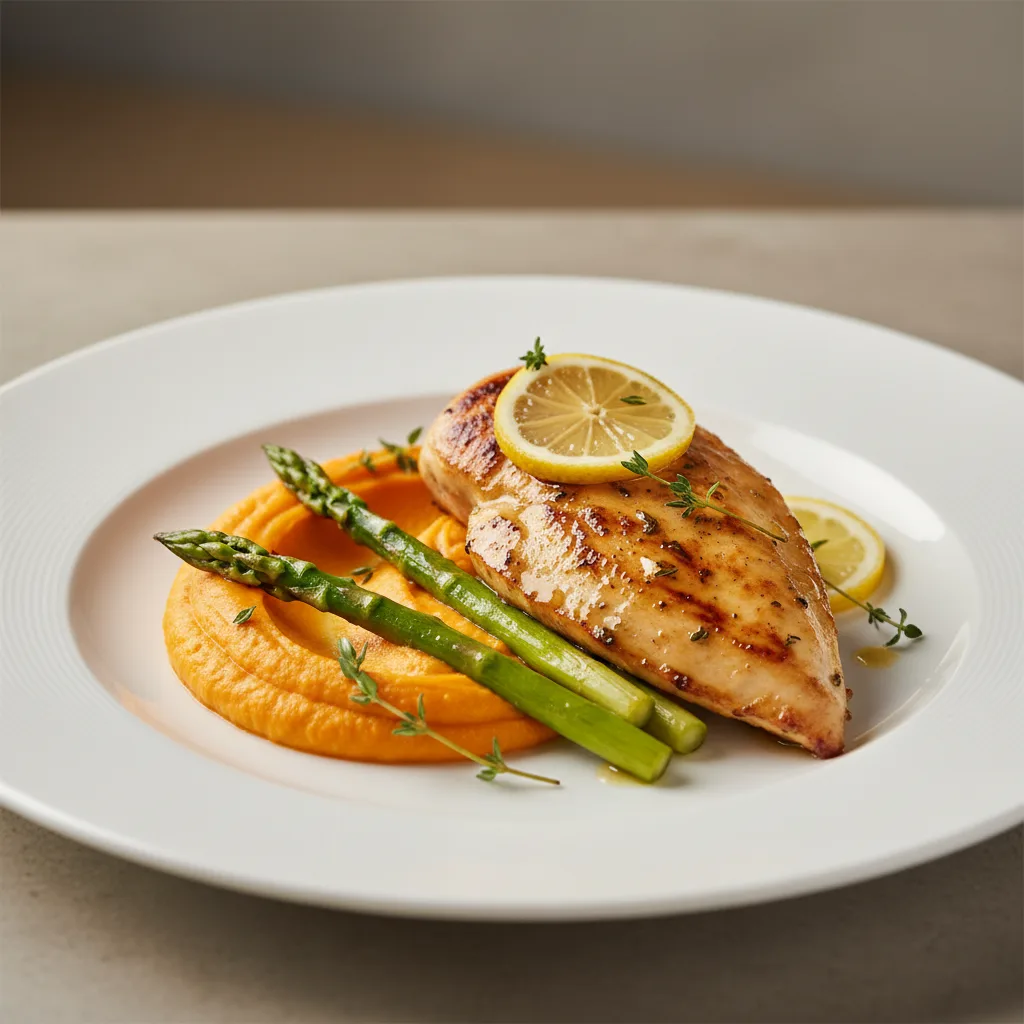 Pechuga de Pollo al Limón con Puré Cremoso de Boniato y Espárragos