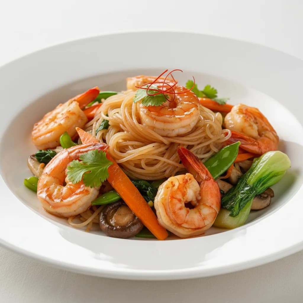 Salteado de Gambas con Fideos de Arroz y Verduras Asiáticas