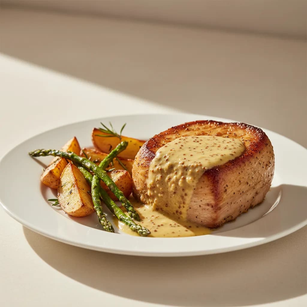 Lomo de Cerdo a la Mostaza con Patatas Asadas y Espárragos