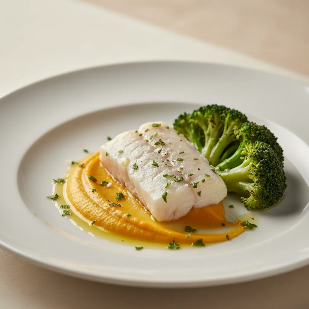 Merluza al Vapor con Brócoli y Crema de Calabaza