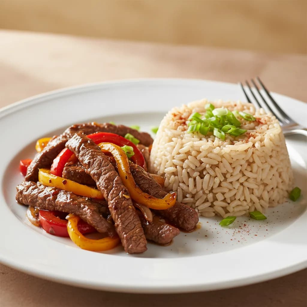 Vacuno Salteado con Arroz Integral y Pimientos