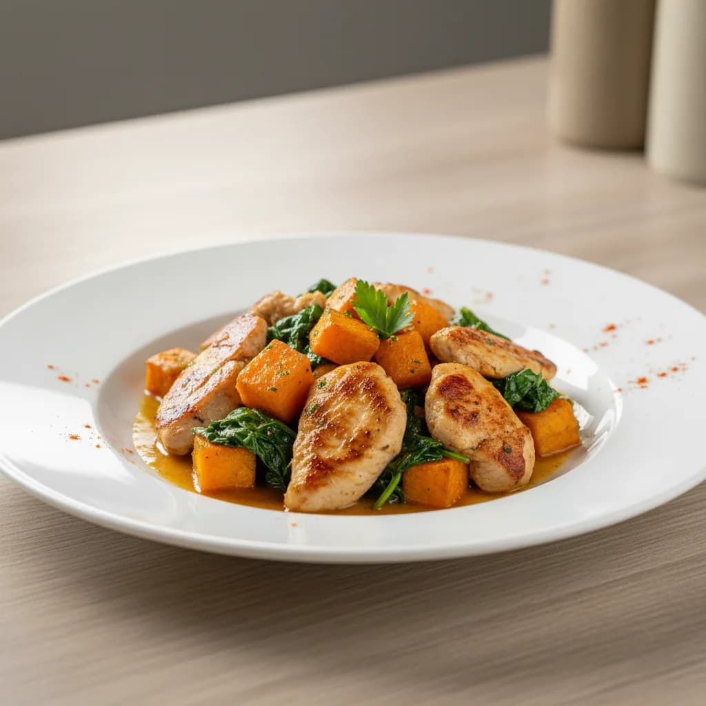 Pollo Salteado con Boniato y Espinacas