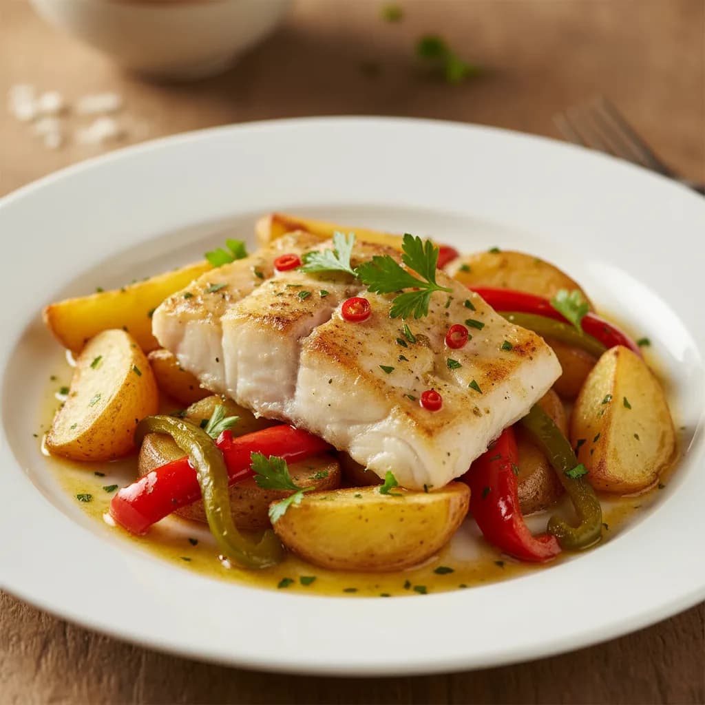 Merluza al Horno con Patata y Pimiento