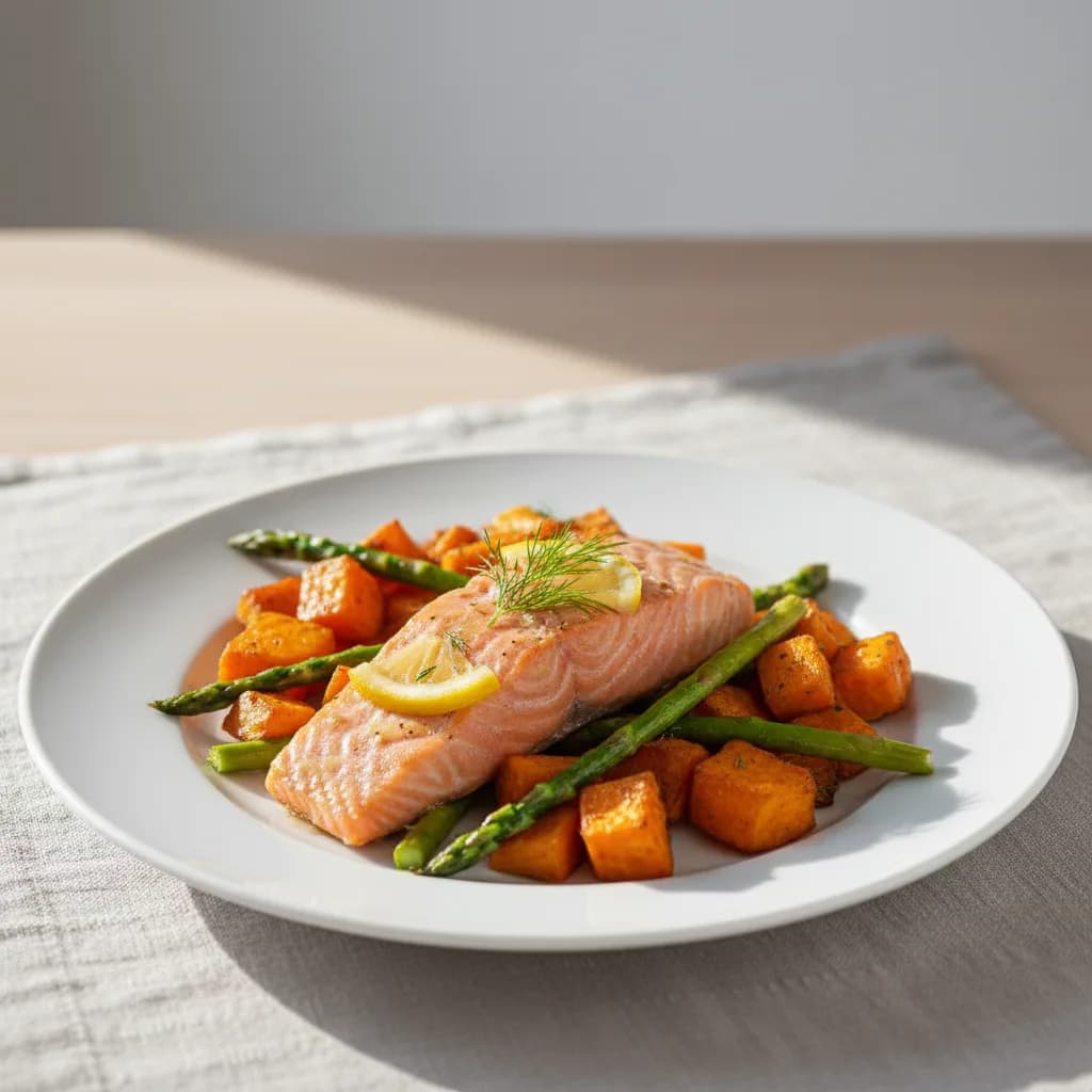 Salmón al Horno con Boniatos Asados y Espárragos