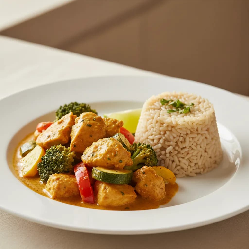 Pollo al Curry con Verduras y Arroz Integral