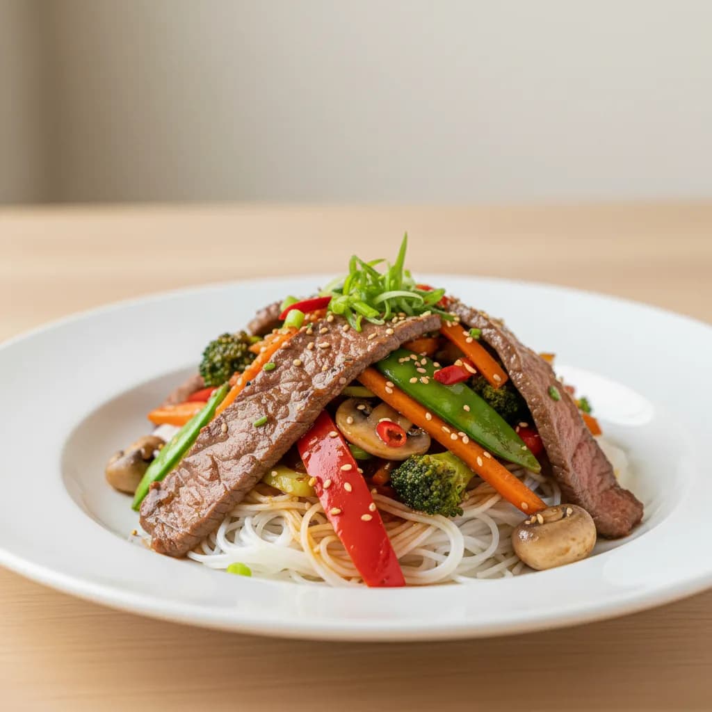 Wok de Vacuno con Verduras y Fideos de Arroz