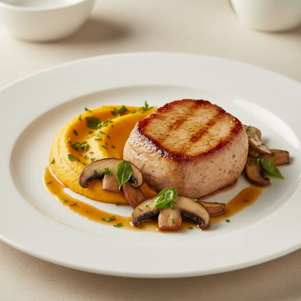Lomo de Cerdo a la Plancha con Champiñones y Puré de Calabaza