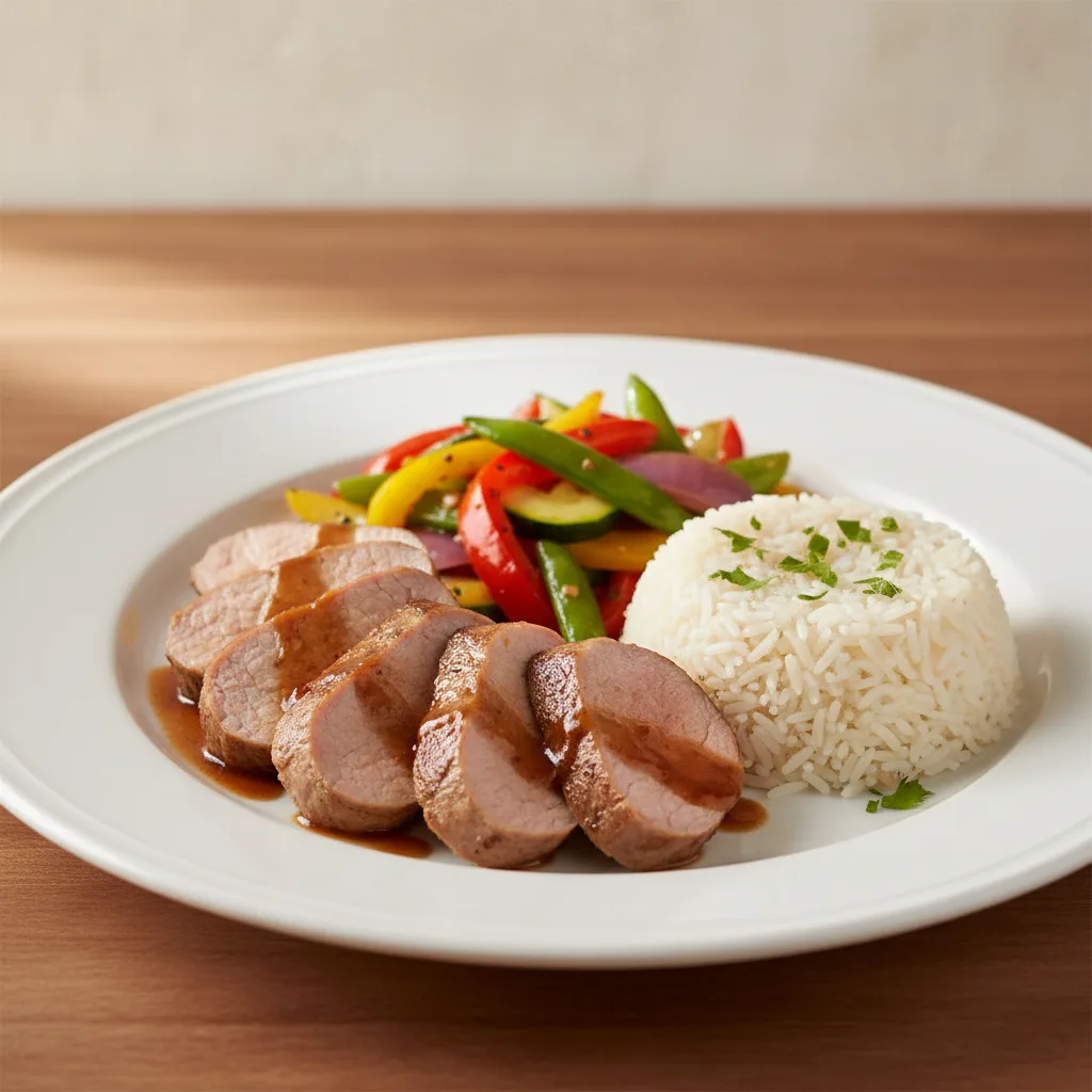 Solomillo de Cerdo con Salteado de Verduras y Arroz Basmati